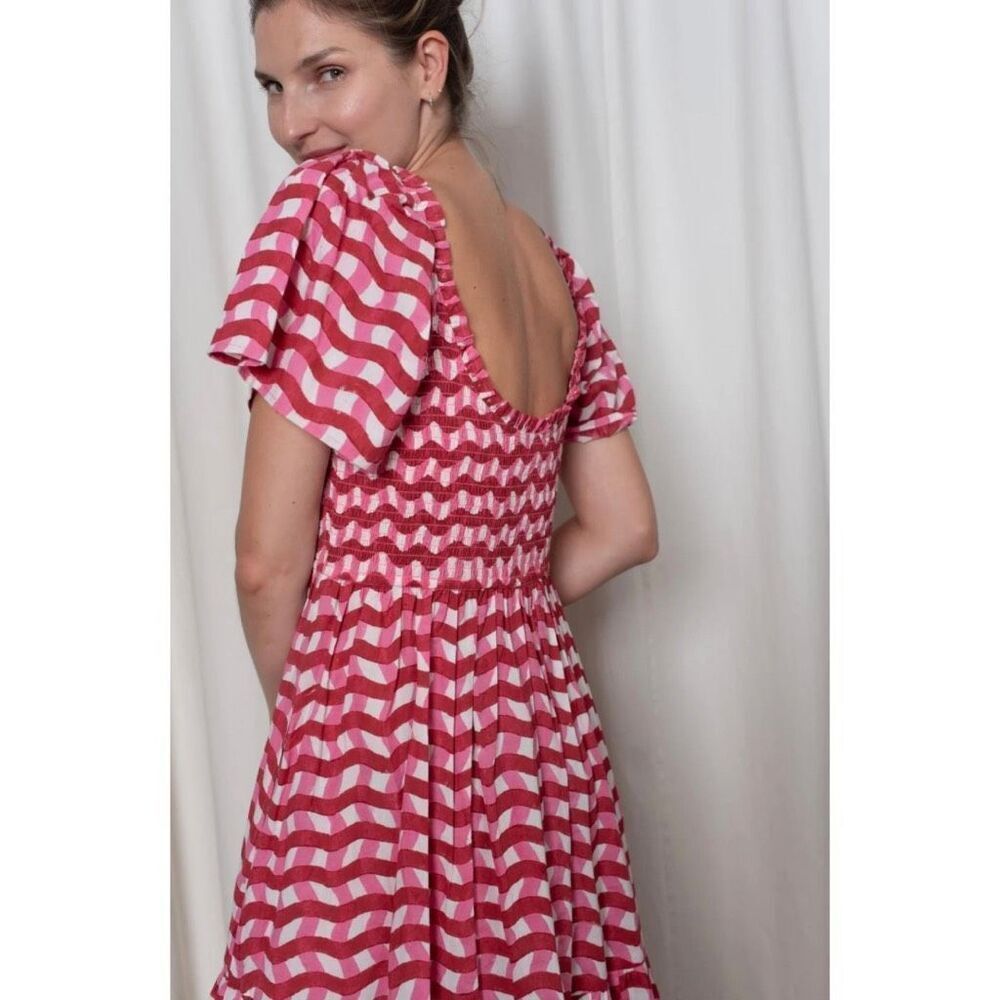 Nwt Ophelia & Indigo Delilah Pink Zigzag Smocked Tiered Cotton Mini Dress Xs — image 2 of 8